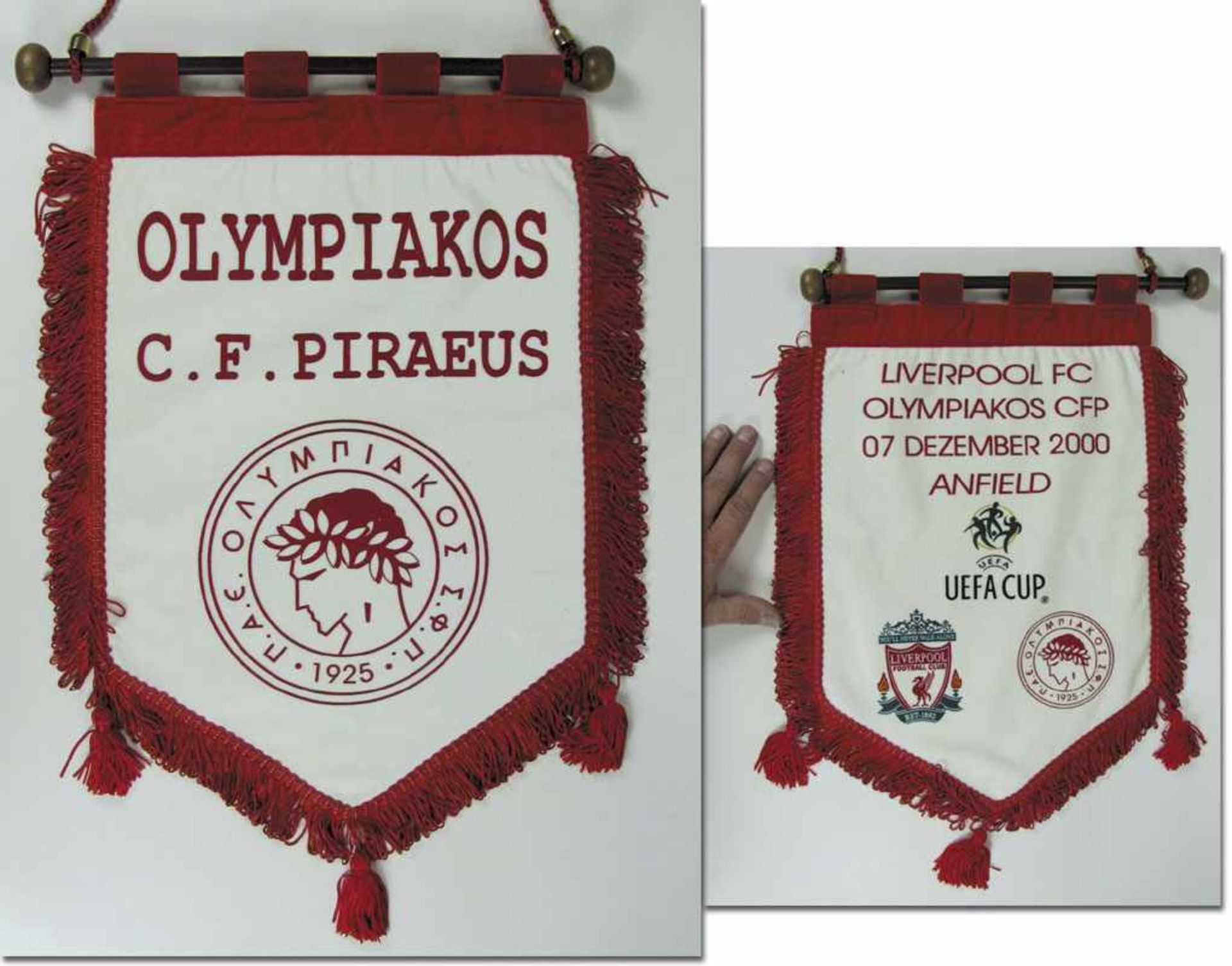 Official match pennant 2000 Liverpool CF Olympiak - Match pennant Olympiakos Piräus with flocked