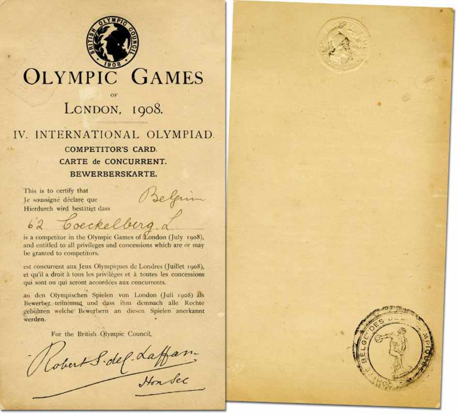 Olympic Games 1908 Official Participation Card - Official competitor's Card for the Olympic Games