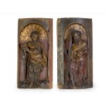 “San Pablo” y “San Andrés” Escuela castellana S. XVI Medidas: 43 x 22 cada una Relieves en madera