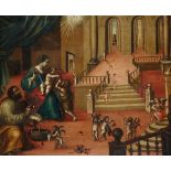 ESCUELA COLONIAL, SIGLO XVII Sagrada Familia con san Juanito y angelotes Óleo sobre lienzo. 70 x