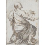 Escuela italiana o española, siglo XVII Estudio de un santo oferente Tinta y aguada sobre papel.