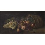 ESCUELA ESPAÑOLA, SIGLO XIX Bodegón con cesta de frutas Óleo sobre lienzo 52 x 99 cm
