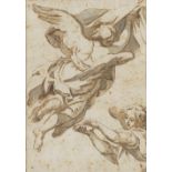ESCUELA ITALIANA O ESPAÑOLA, SIGLO XVII Estudio de una pareja de ángeles Tinta y aguada sobre papel.