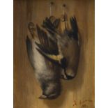 ESCUELA ESPAÑOLA, SIGLO XIX Trampantojo con aves muertas Óleo sobre lienzo 19,5 x 14,5 cm Firmado