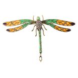 Broche libélula Art Nouveau de esmalte Plique-à-Jour y diamantescon cuerpo móvil de tramos