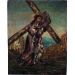 ESCUELA MEJICANA, H. 1700 Cristo con la Cruz a cuestas Enconchado. 35 x 25 cm.