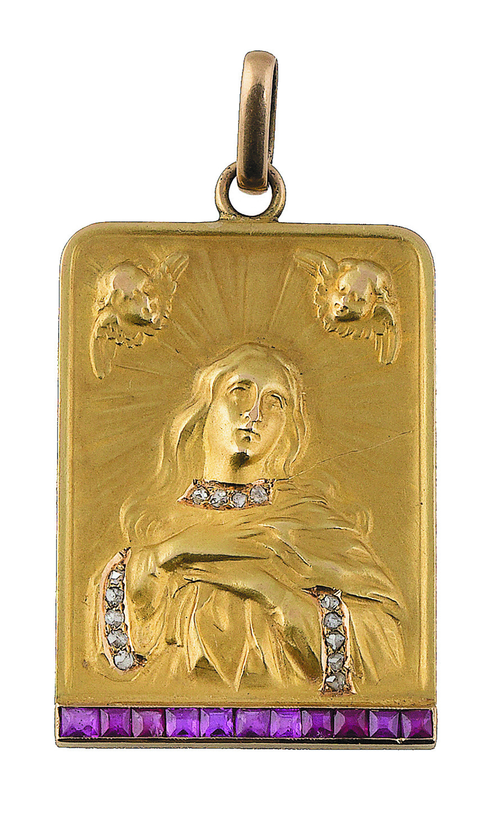 Medalla cuadrangular de pp. S XX con Virgen con vestido adornado con diamantes, y banda de rubíes