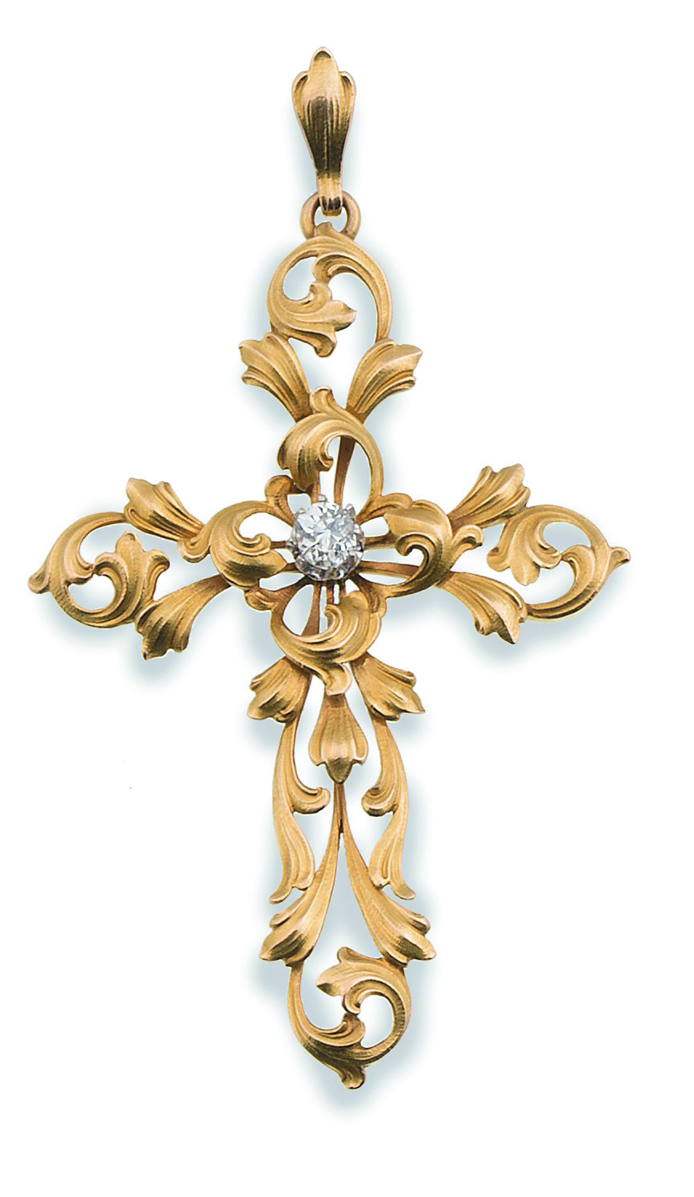 Cruz Art Nouveau con brillante central de 0,35 ct y brazos en forma de ramas entrelazadas En oro