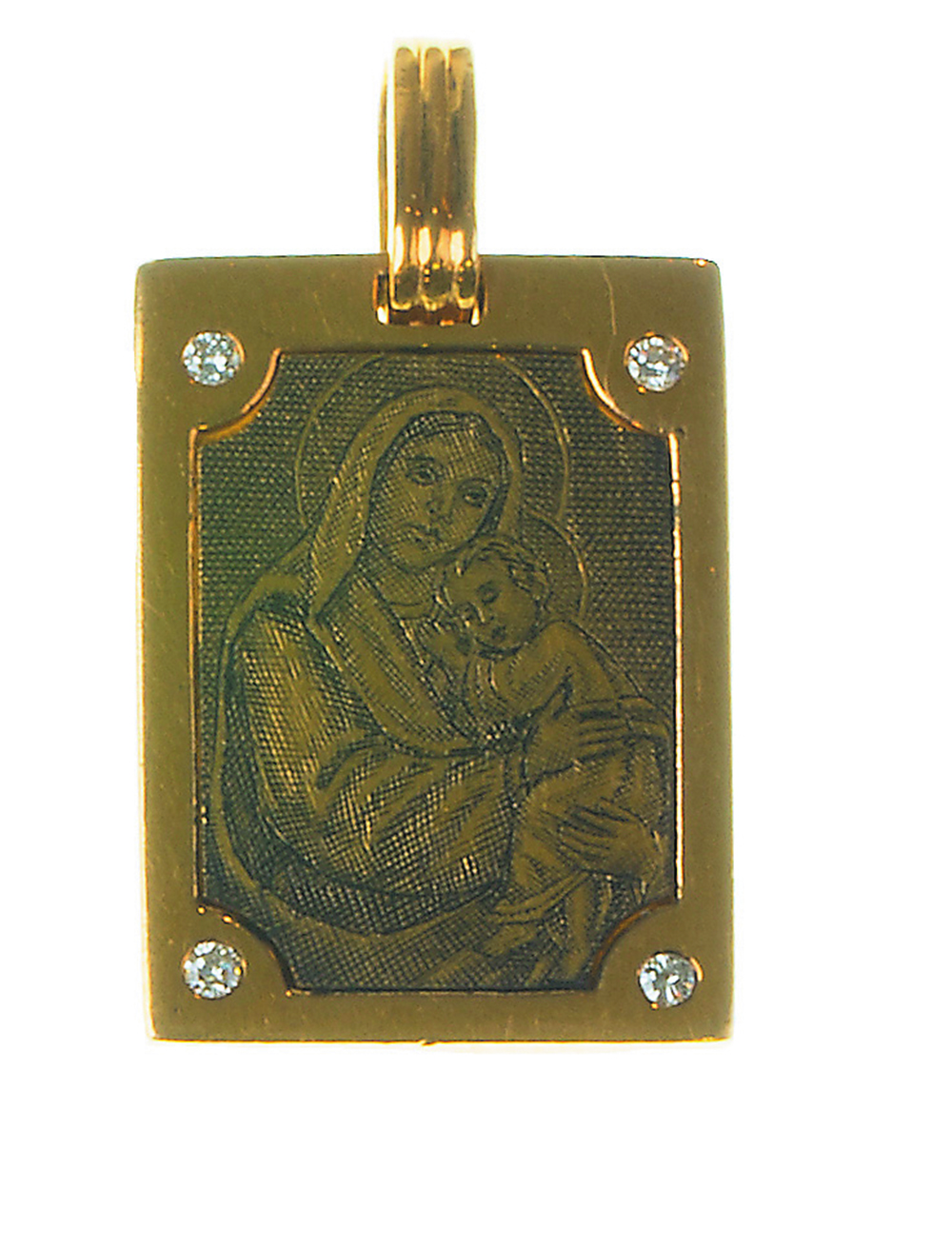 Colgante medalla con Virgen grabada en marco rectangular, con cuatro brillantes En oro amarillo de