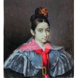 ANTONIO MARÍA ESQUIVEL (1806-1857) Retrato de niña con peineta y pañuelo rojo Miniatura sobre