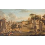 ESCUELA ITALIANA, SIGLO XVIII Vista de RomaÓleo sobre lienzo. 47 x 74 cm. Esta pintura muestra una
