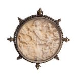 Resurrección de Cristo. Medalla devocional de marfil tallado y marco de plata a cordoncillo y