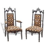 Juego de silla y sillón neogótico en madera ebonizada y “gros point”, Trabajo francés, ffs del S.