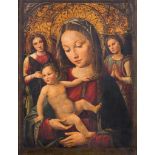 ESCUELA CASTELLANA, PP. SIGLO XVI Virgen con niño y dos ángeles Óleo sobre tabla. 40 x 30 cm. Con