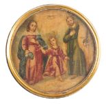 ESCUELA ESPAÑOLA, H. 1800 Sagrada Familia Óleo sobre cobre. 8 cm (diámetro).