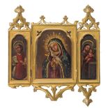 ESCUELA ESPAÑOLA, SIGLO XIX- XX Triptico con la Virgen Dolorosa, San Antonio y otro Santo Óleo sobre
