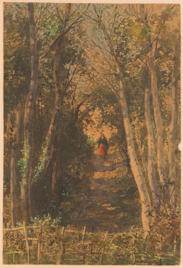 ESCUELA ESPAÑOLA, H. 1814 Paisaje con figura en un camino Acuarela sobre papel. 36 x 17,3 cm.