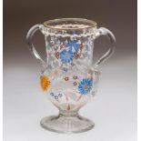 Compotera de cristal traslúcido esmaltada con flores. La Granja, S. XIX.  Altura: 20 cm