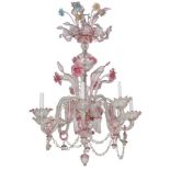 Lámpara de techo de ocho brazos de luz en cristal incolor y rosa Murano, S. XIX  Medidas: 100 x 68