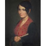ESCUELA ESPAÑOLA, SIGLO XIX Retrato de dama con abanico Óleo sobre lienzo. 56 x 46 cm.