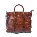 Bolso shopper vintage de piel de cocodrilo color cognac con asa corta, y asa larga desmontable