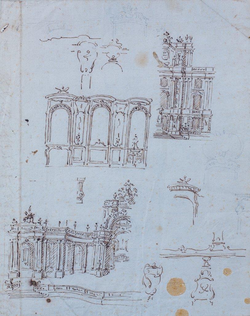 ESCUELA ITALIANA, SIGLO XVII Diseños de interior y exterior de una fachada Tinta y lápiz sobre papel