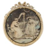 ESCUELA INGLESA, SIGLO XX Damas y niña en un interior tocando el arpa Lámina. 47 cm (diámetro).
