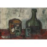 JOSÉ LUIS DELGADO (Madrid, 1940) Bodegón con garrafa y vasos Óleo sobre lienzo. 44 x 64 cm.