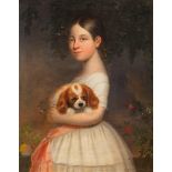 ESCUELA INGLESA, SIGLO XIX Retrato de niña con perro Óleo sobre lienzo (óvalo). 80 x 64 cm.