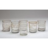 Seis vasos de recuerdo de cristal tallado a la rueda. La Granja, S. XIX  Medidas entre: 8 y 9 cm