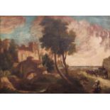ESCUELA CENTROEUROPEA, SIGLO XVIII Paisaje con carroza y cascada Óleo sobre lienzo. 31 x 43,4 cm.