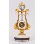 Reloj esqueleto francés lira en bronce dorado al mercurio y cincelado, época Luis XVIII, c. 1820