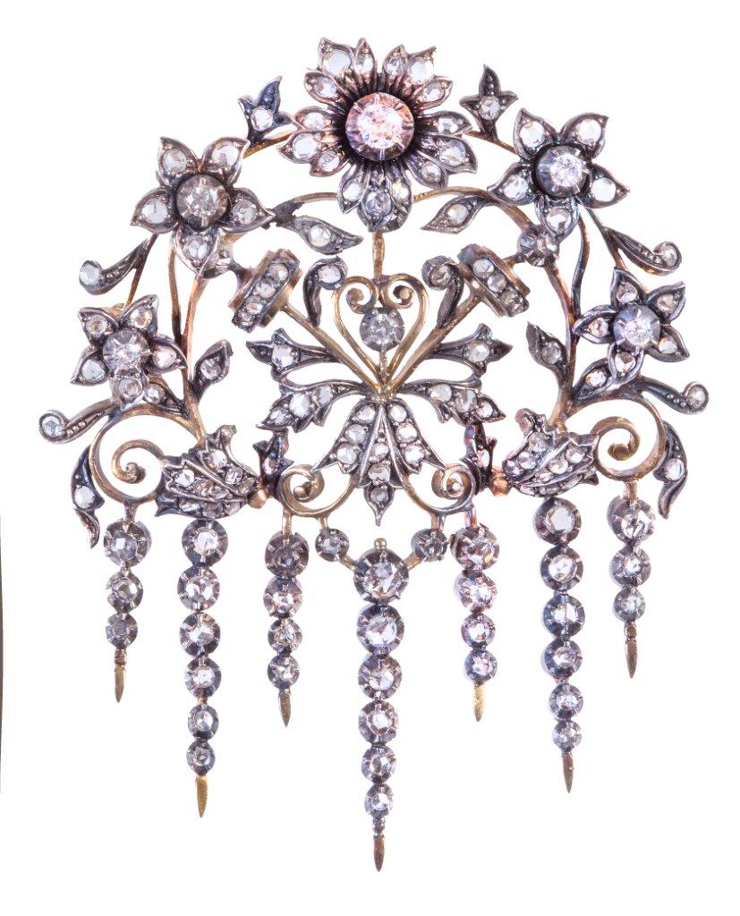 Broche tremblant isabelino S. XIX de brillantes de talla antigua y diamantes, en composición de