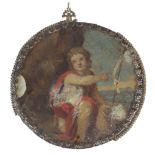 Medalla devocional con San Juan niño, montado en plata en el revero con decoración de picado y