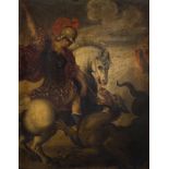 ESCUELA ESPAÑOLA, SIGLO XVII San Jorge y el dragón Óleo sobre cobre. 25 x 20 cm.