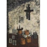 JOSÉ LUIS DELGADO (Madrid, 1940) Capilla taurina, 1960 Óleo sobre lienzo. 100 x 70 cm. Firmado áng.