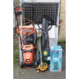 A Black & Decker lawn mower; a ditto garden strimmer; a Power Devil garden leaf-blower; & a Bosch “