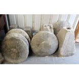 Four cast-stone staddle stones (various sizes); & a staddle stone top, part w.a.f.