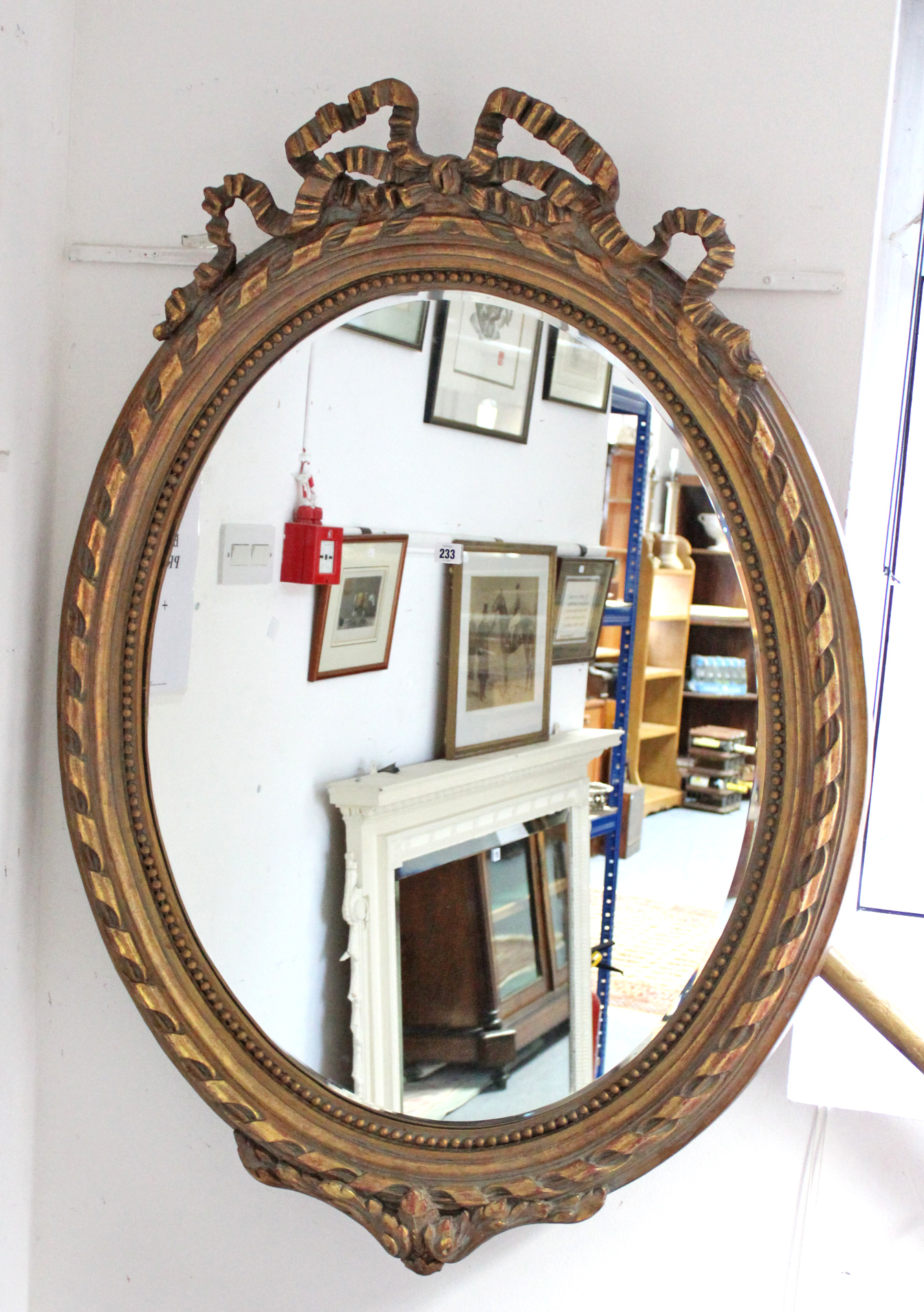 A reproduction large gilt frame oval wall mirror with ribbon-bow surmount & with beaded edge, 51” - Image 2 of 4