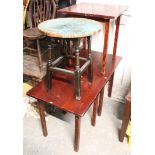 An oak pub table, on turned legs with plain stretchers & with copper circular top, 23½” diam.;