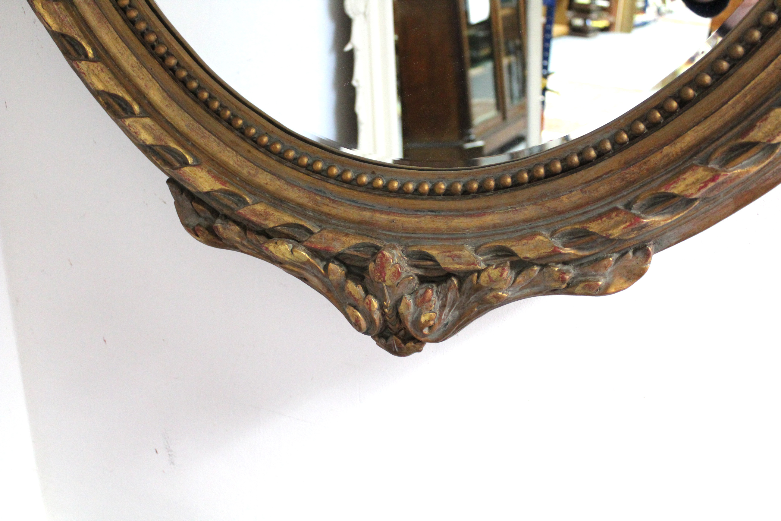 A reproduction large gilt frame oval wall mirror with ribbon-bow surmount & with beaded edge, 51” - Image 4 of 4