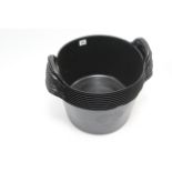 Ten black plastic buckets.