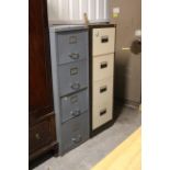A grey art-metal four-drawer filing cabinet; & a brown & cream ditto, both 18” wide x 52½” high.