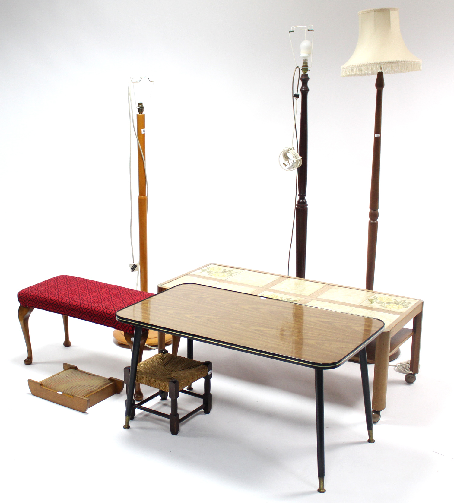 Three standard lamps; two coffee tables; & three stools. - Image 2 of 4