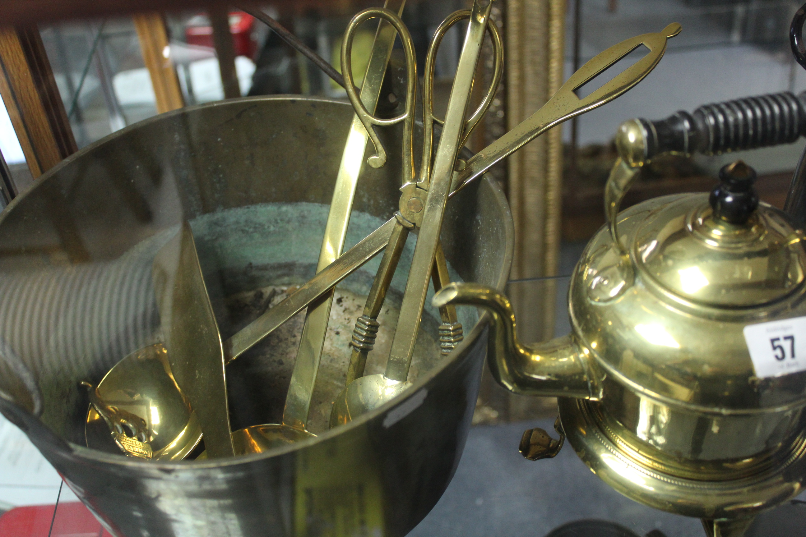 A brass spirit kettle on stand; three brass ladles; a brass preserve pan; & various other items of - Image 3 of 3