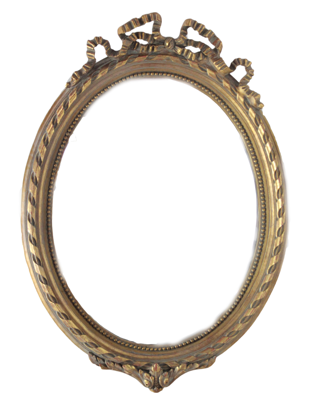 A reproduction large gilt frame oval wall mirror with ribbon-bow surmount & with beaded edge, 51”