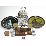 A brass letter scale, mounted on walnut serpentine base, & with ten brass weights; a silver plated