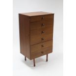 A teak upright chest, fitted six long drawers & on short round legs, 24” wide x 44” high; & a teak