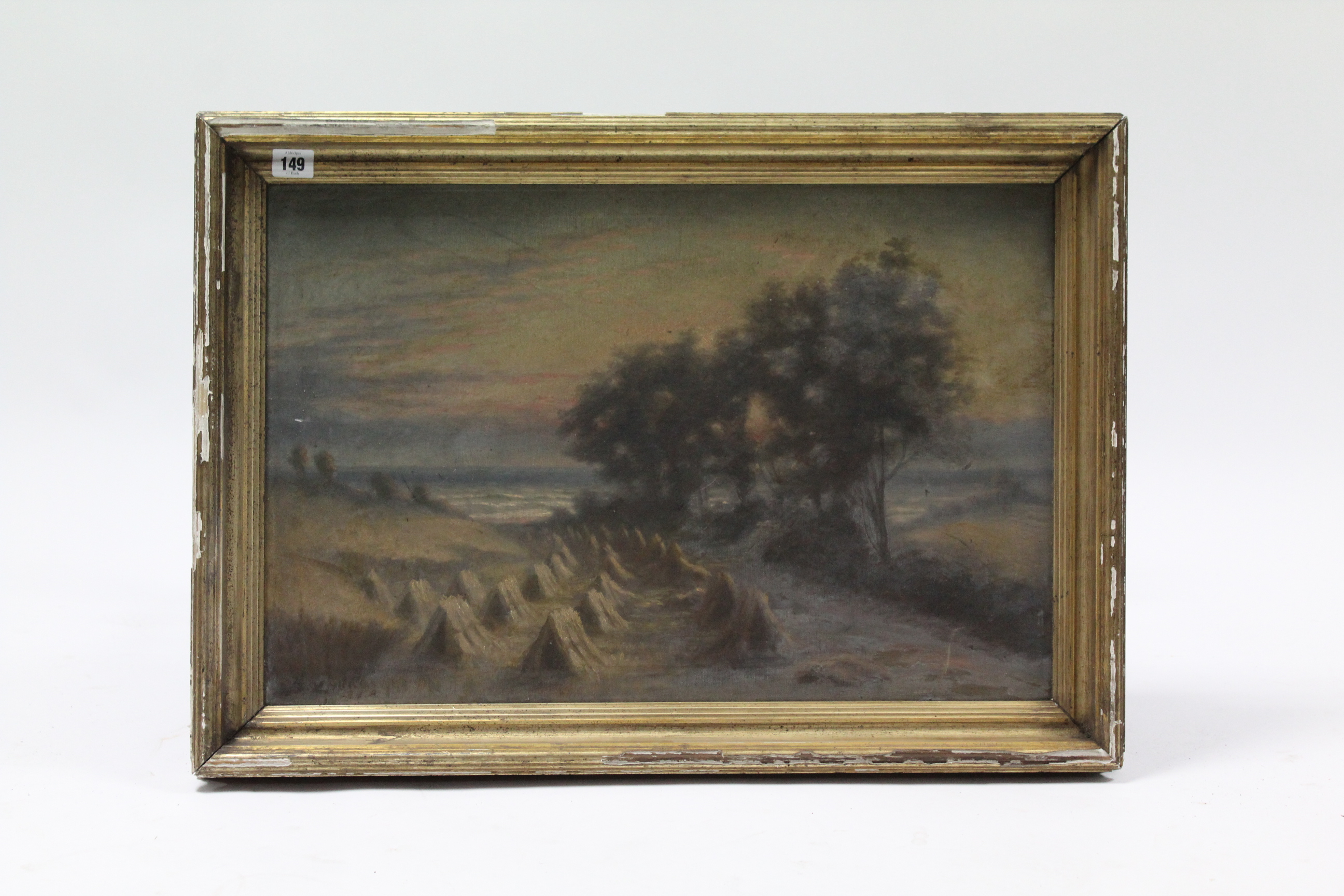 An oil painting on canvas titled to reverse “The Cornfield by the Sea”, unsigned, 15½” x 23½”