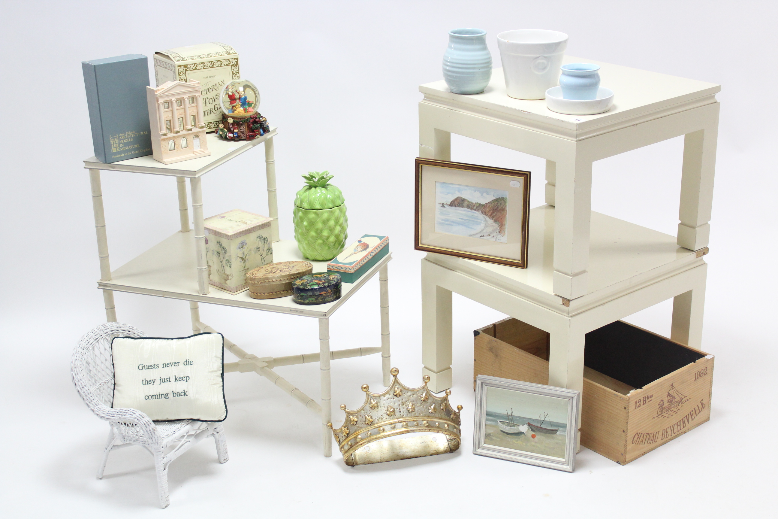 A pair of white painted wooden square coffee tables on square legs, 19¾” wide; together with two